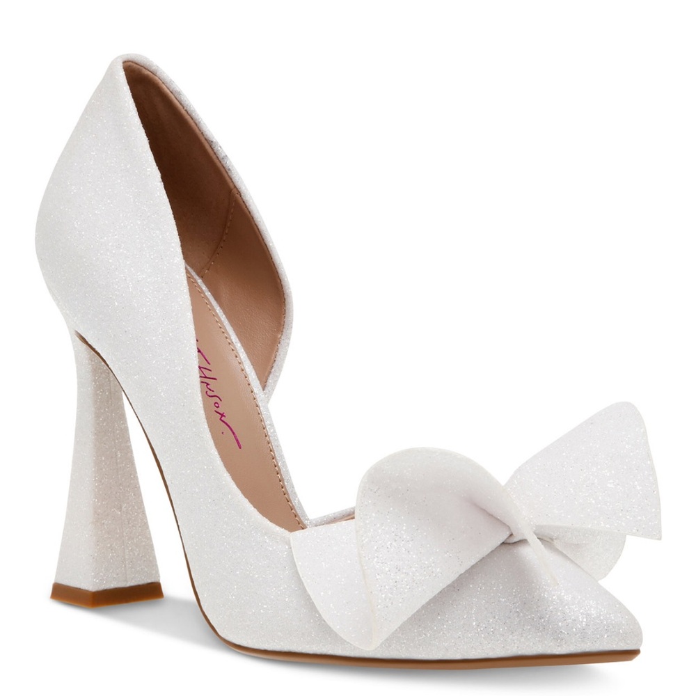 Betsey Johnson Elegant White Glitter Heels with Bow